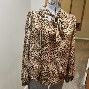 Pleione Leopard Print Neck Tie Wrap Blouse